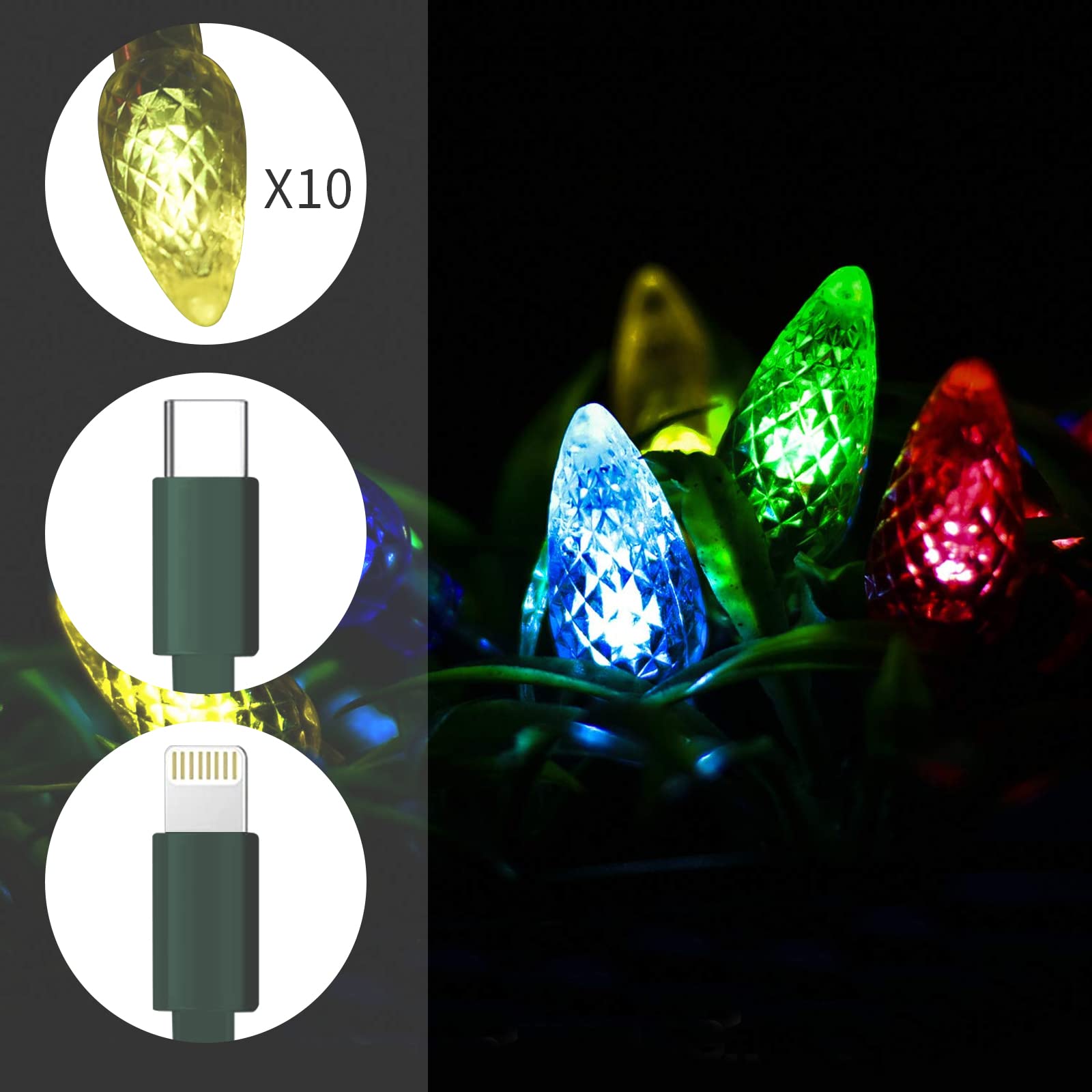 LED Christmas Lights Type C Cable, USB And Bulb USB C Charger Charging Cable 50Inch 10LED Multicolor Compatible With Samsung Galaxy S10 S10E S9 S8 Plus Note 10 9 8,Moto Z,LG