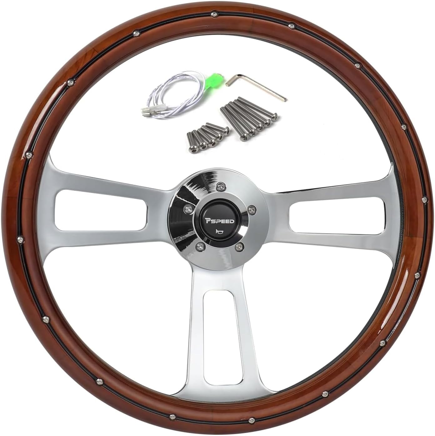 18" Solid Wood lacquering Truck Steering Wheel,Wood Grip 3 Spokes 5-Bolt Chrome-Plated aluminum Classic Steering Wheel fit for Kenworth,for Peterbilt,for Volvo,for Freightliner