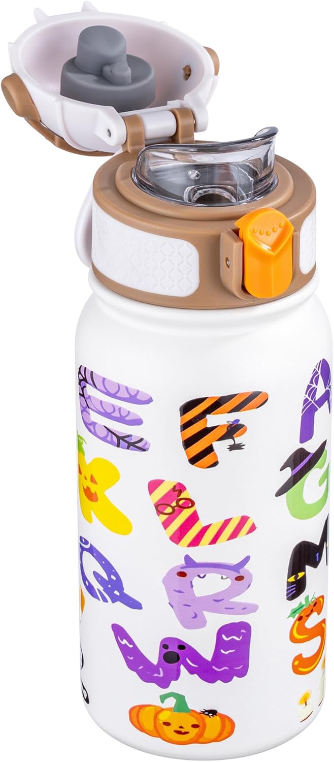 OLDLEY Kids Water Bottle 12oz Insulated Water bottle, Double Wall Stainless Steel Vacuum Bottle, Leak-Proof Sport Bottles for School Boys Girls,White Alphabet