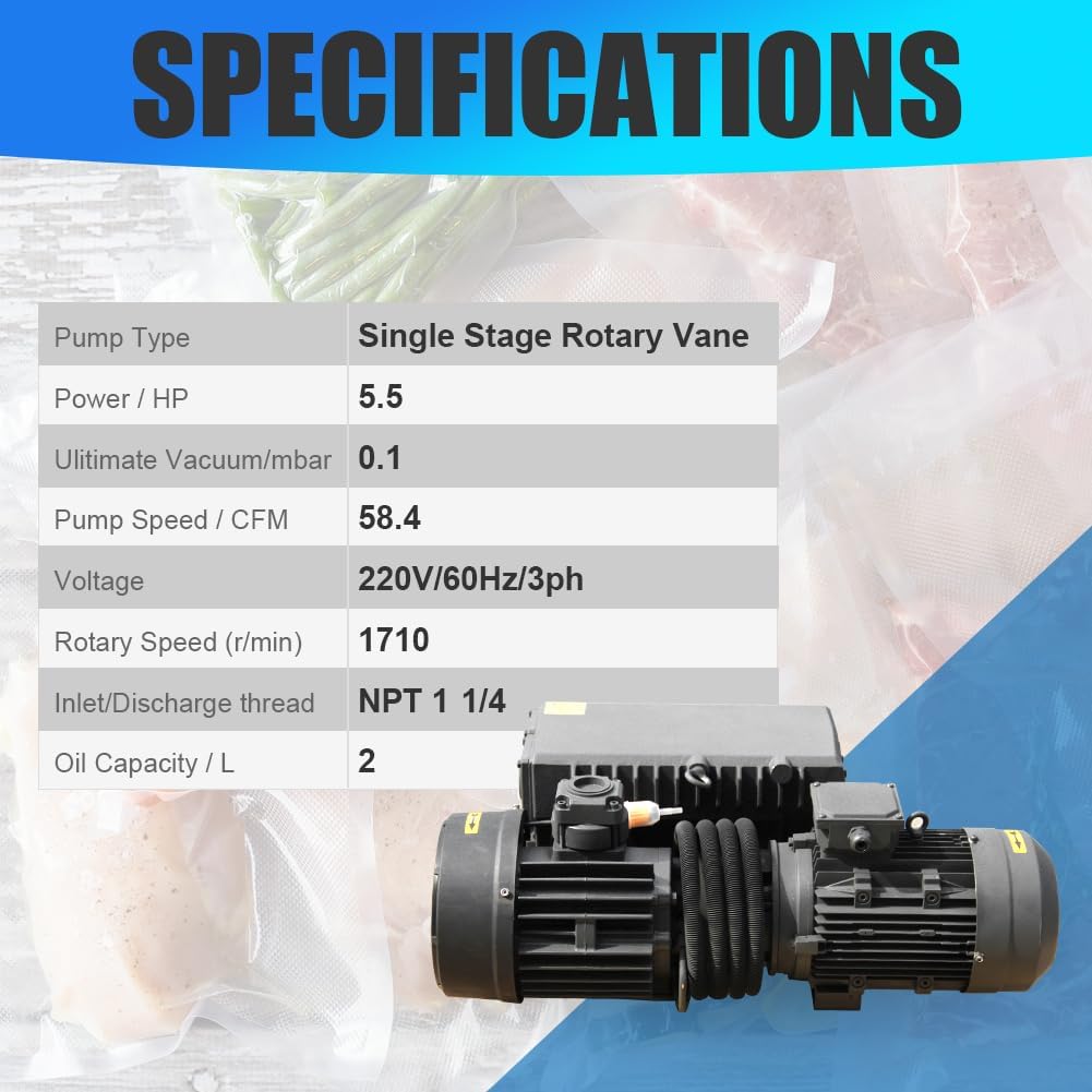 58.4CFM 5.5HP 220V/60Hz/3PH Single Stage Oil Sealed Rotary Vane Vacuum Pump NPT 1-1/4