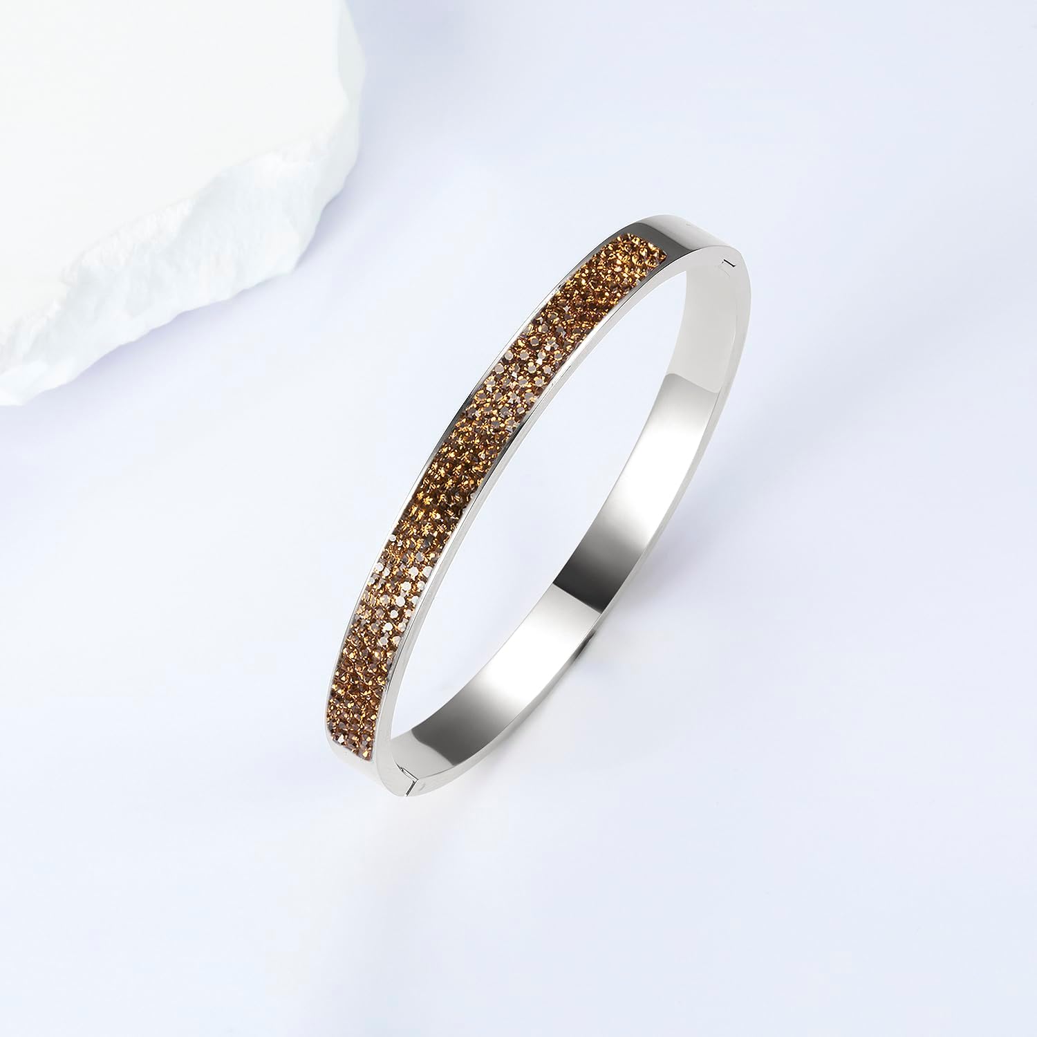 MDFUN Champagne Crystals Bangles Bracelets for Women, 18K White Gold on Stainless Steel Bangle Bracelet Sparkling Jewelry Gift - Image 2