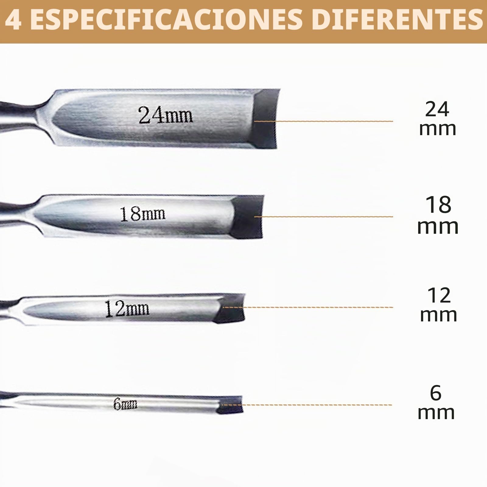 4 piezas de juego de cinceles de madera, herramientas de cincel curvo redondo y cóncavo, juego de cinceles de acero CR-V con borde semicircular de 8 mm (5/16")/12 mm (1/2")/18 mm (3/4")/24 mm (1