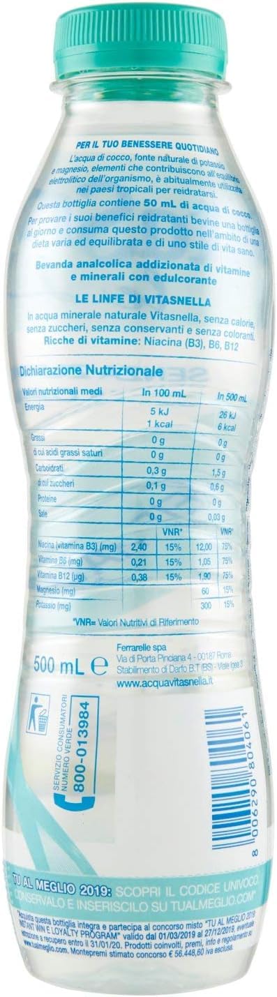 6X Vitasnella Le Linfe Acqua Minerale Naturale Reidratante con Acqua di Cocco e Vitamine B3, B6, B12, Magnesio e Potassio 500ml [6 Bottiglie]
