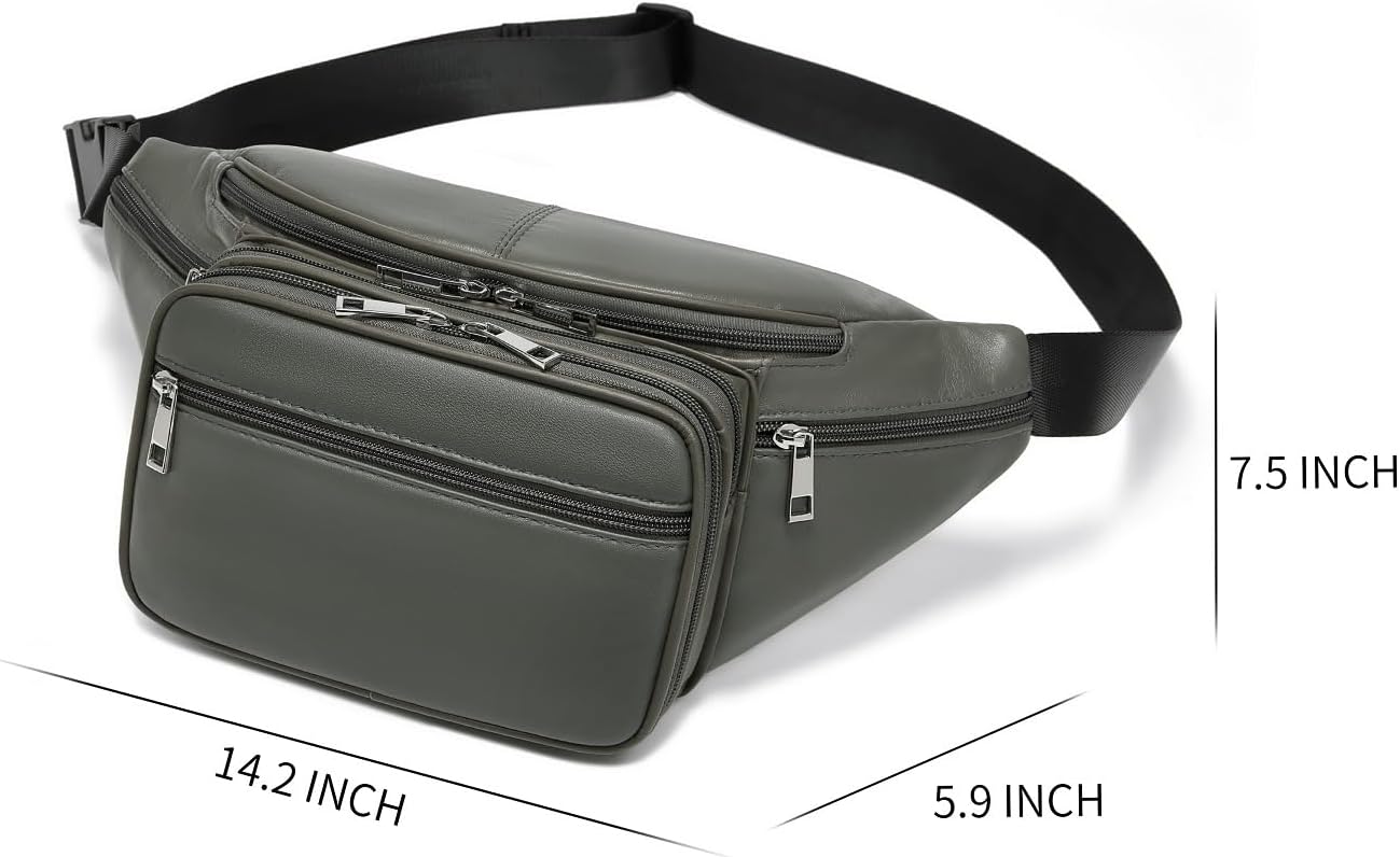 Genuine Leather Large 7 Pocket Waist Pack with Organizer, Card Slots (Lambskin Grey)