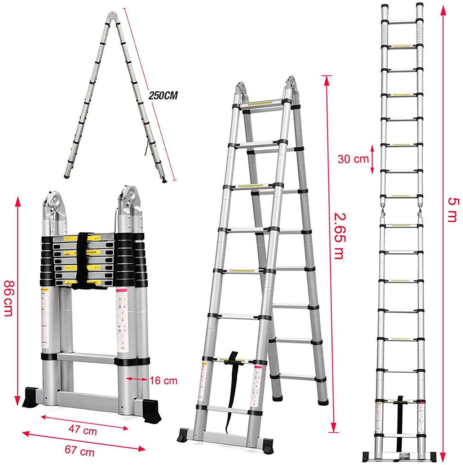 Aluminiowa drabina teleskopowa, wysuwana drabina 5 m, składana drabina stojąca, antypoślizgowa, wysuwana, drabina wielofunkcyjna, obciążenie 150 kg