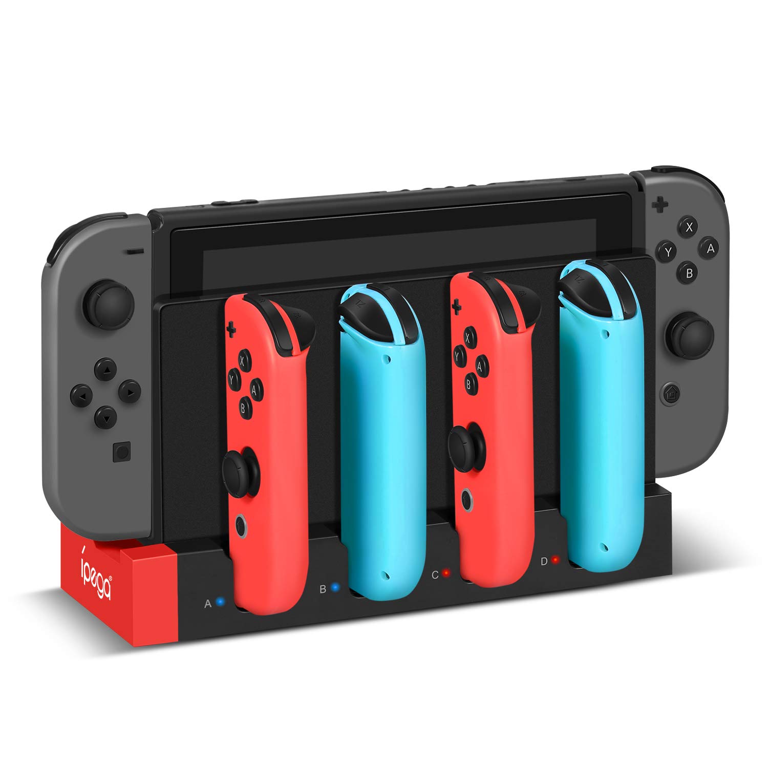 TNP Switch Joy-con Charger for Nintendo Switch Charging Dock Station Base Add-On Mod, Support 4 Joycon Controller with Individual LED Charging Indicator, Remote Docking Stand Attachment (Black, Red)