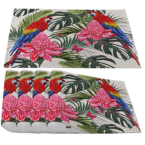 80% Off Discount Moslion Floral Summer Parrot Ara Placemats,Tropical Palm Leaves with Hibiscus Butterfly Green Pink Red Blue Place Mats for Dining Table/Kitchen Table,Waterproof Washable Dinner Table Mats,Set of 4