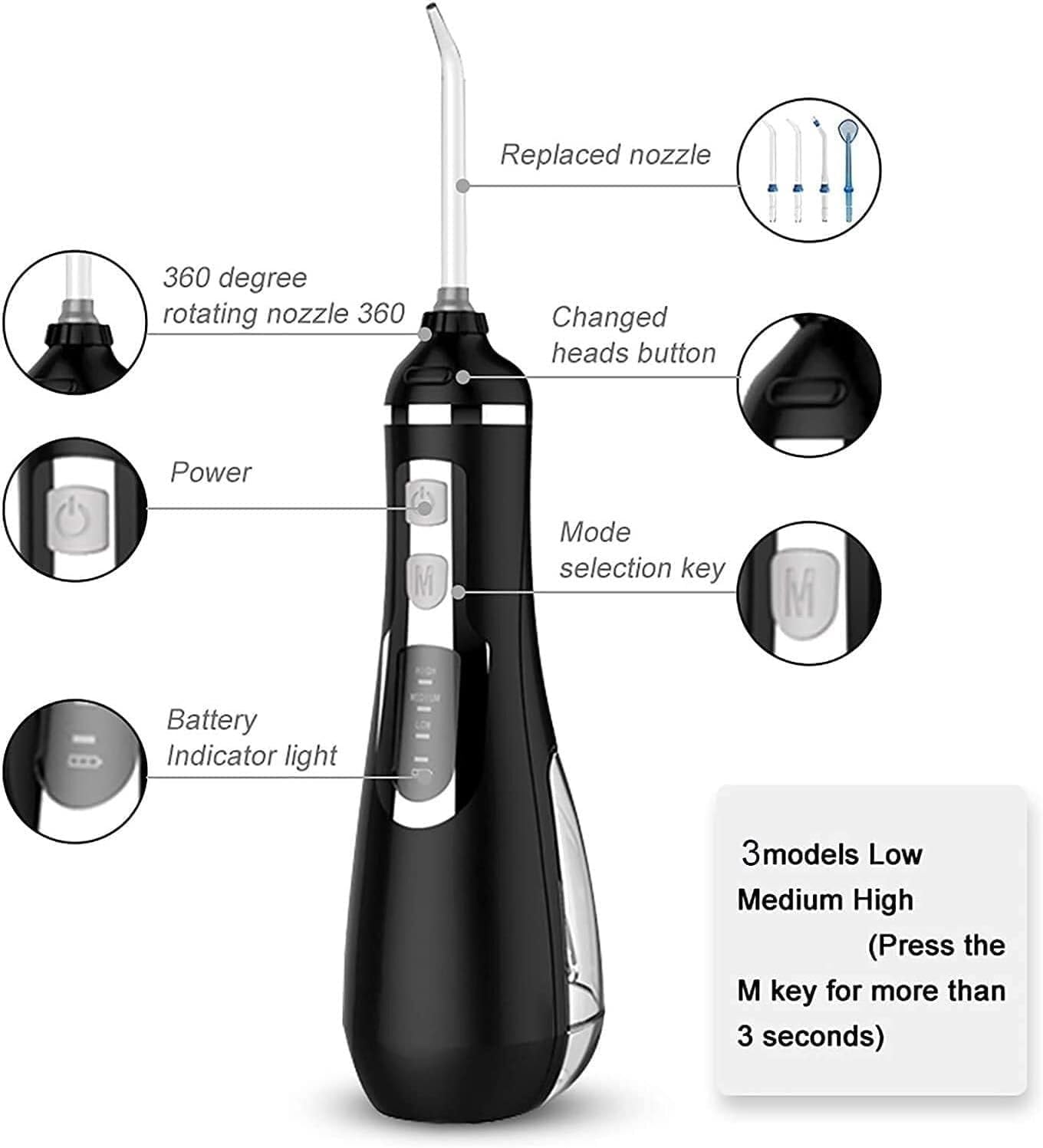 Irrigador bucal portátil con 3 Modos, 4 boquillas reemplazables, Recargable, Impermeable, for Uso doméstico y de Viaje, depósito extraíble de 200 ml.