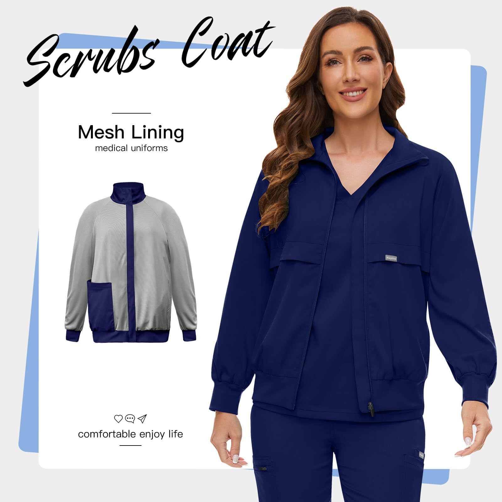 VIAOLI Scrub Jackets for Women Long Sleeve Zip Front Coat Soft Stretch Womens Scrubs Workwear Lapel Track Jacket (Navy Blue,L)