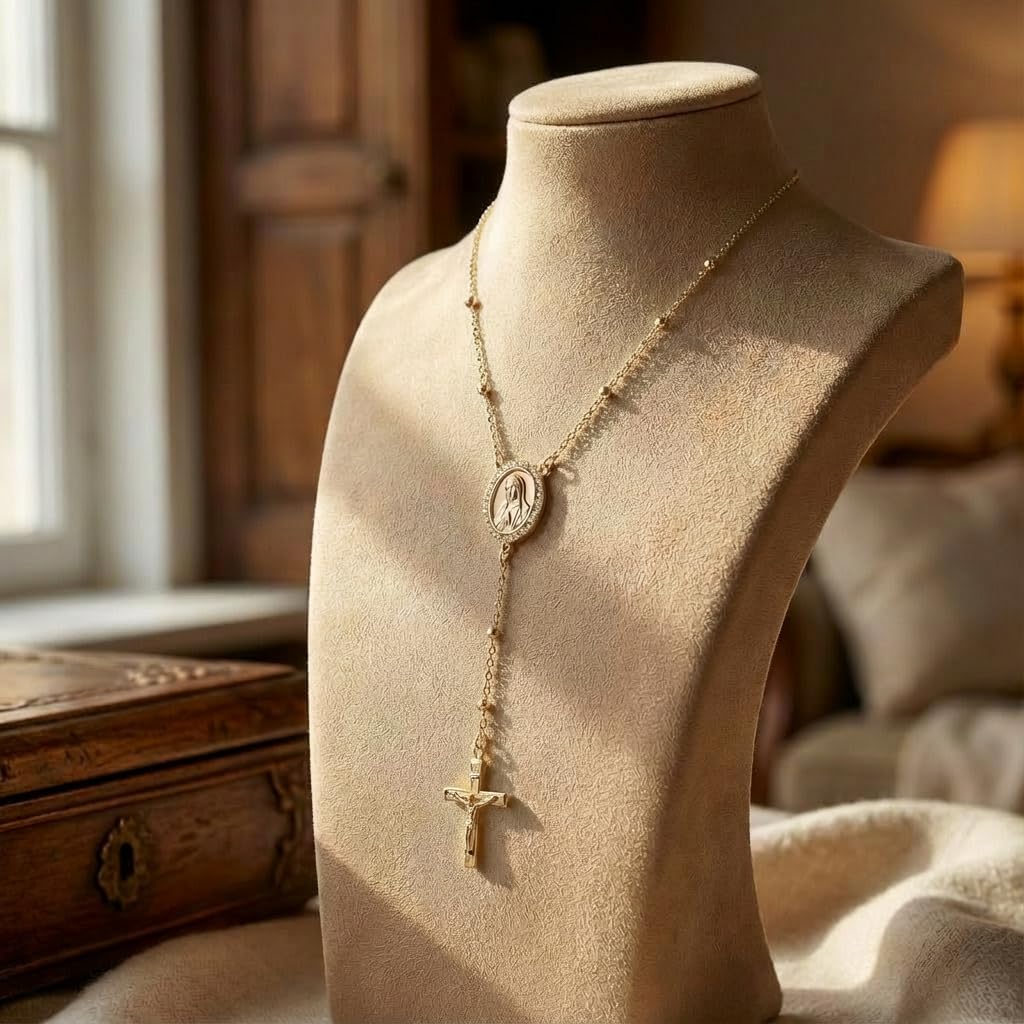 Religious Necklace for Women, 14K Gold Plated Virgin Mary Pendant Necklace with Cross, Cubic Zirconia Diamond Religious Jewelry, Catholic Christian Gifts for Women, Baptism First Communion Gifts