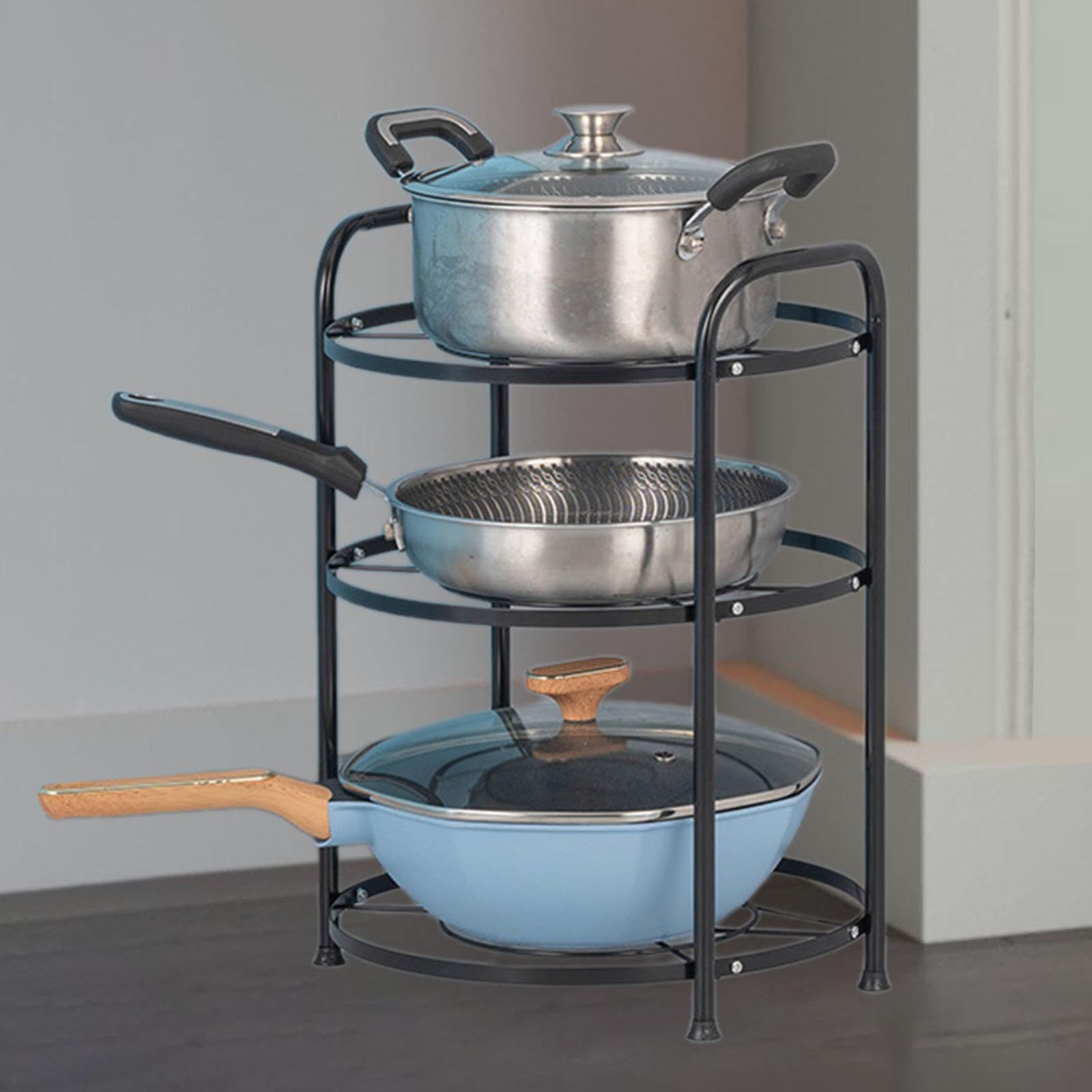 Pots and Pans Organizer Storage Solution Freestanding Metal Heavy Duty Pot Pan Rack for under Cabinet for Countertop Kitchen, 3 tier