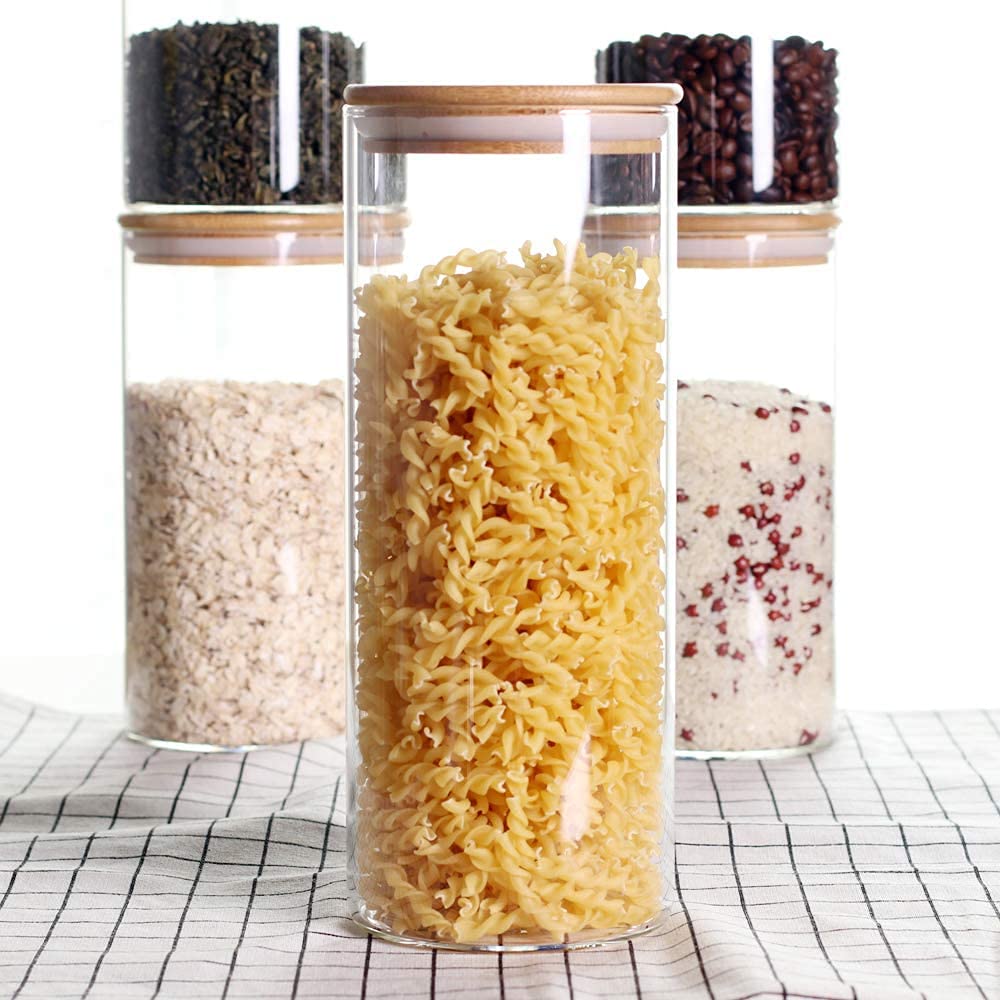 Confezione da 5 barattoli in vetro con coperchio in bambù, contenitori ermetici in vetro borosilicato per dispensa, organizzazione della cucina, pasta e spaghetti, spezie e alimenti secchi