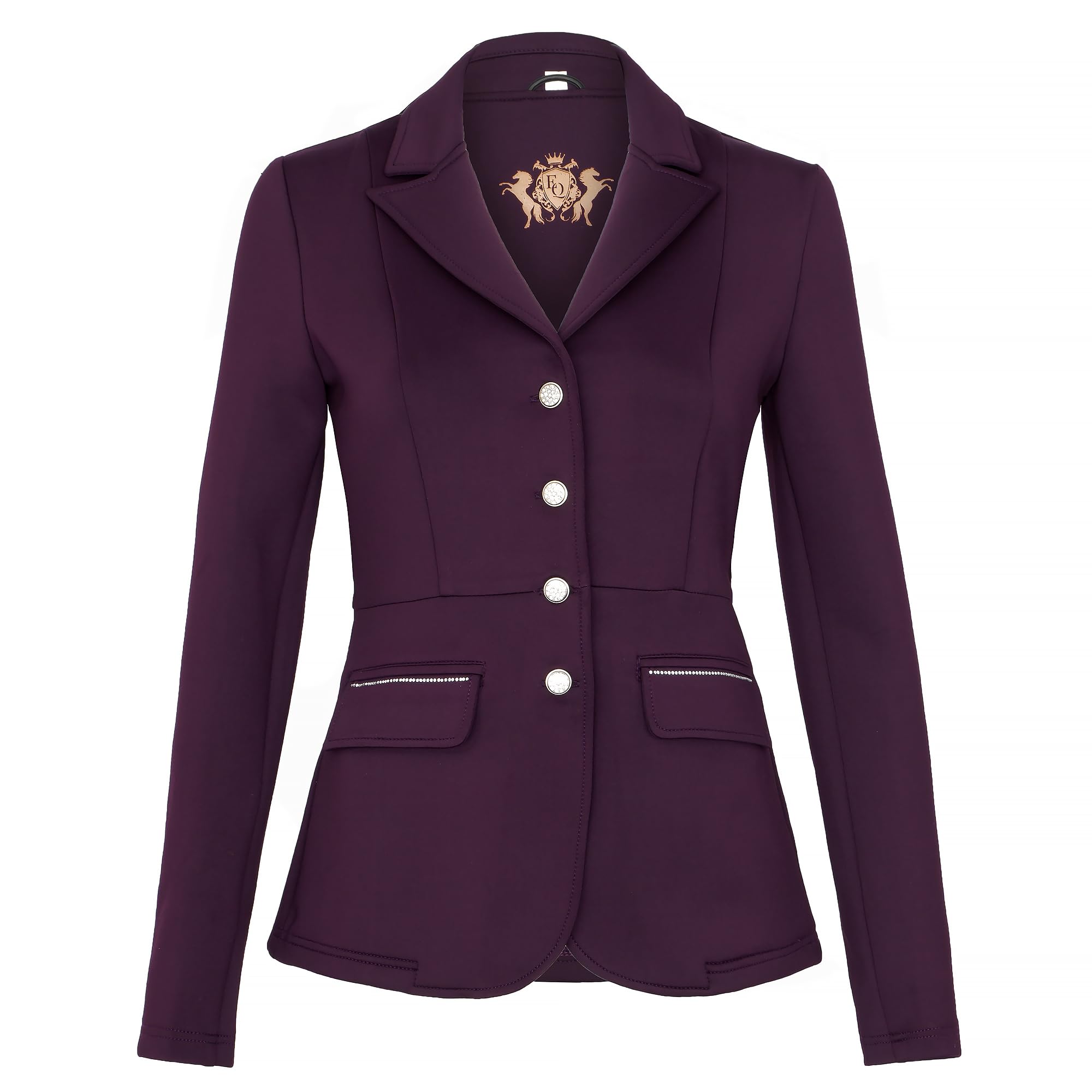 Dressurfrack - Chaqueta elástica para mujer con botones brillantes de oro rosa, material elástico