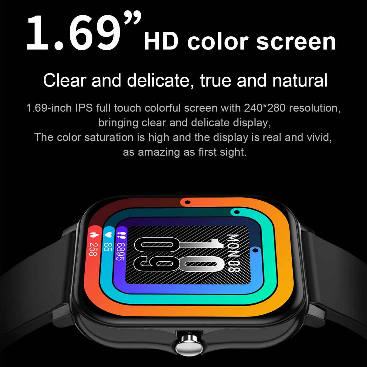 Close-up of the Smart Watch H20 screen highlighting its 1.69 inch HD color display
