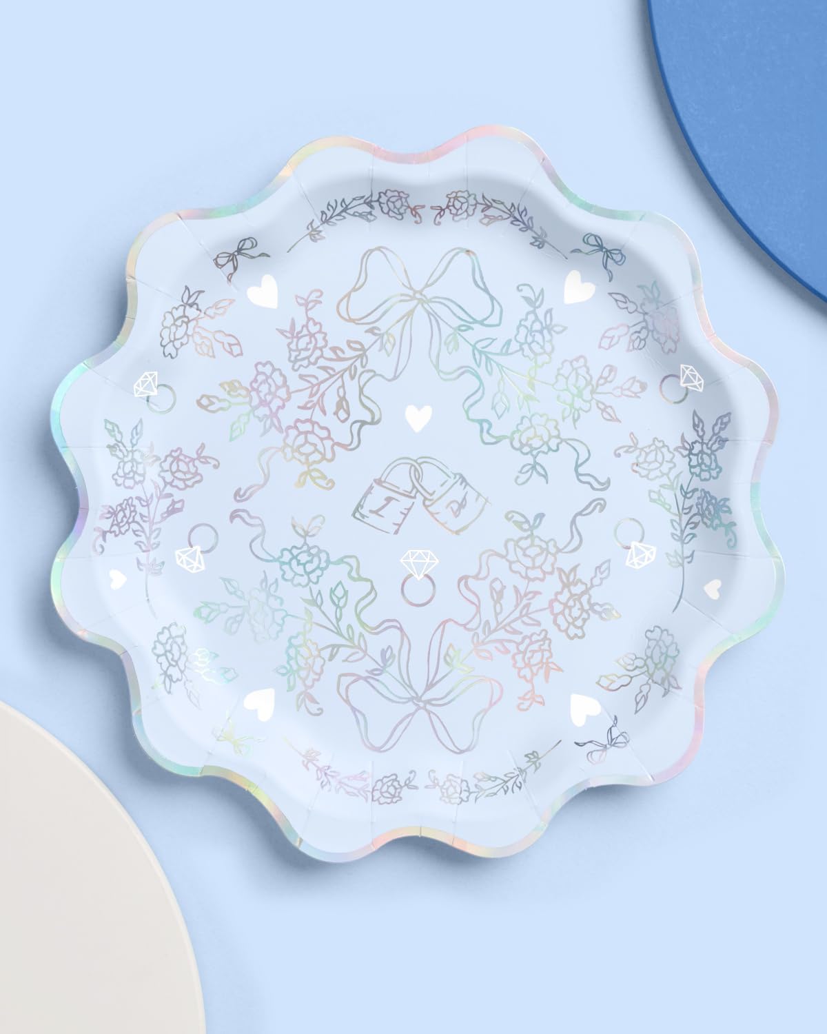 xo, Fetti Something Blue Wavy Plates, Blue + Iridescent Foil - 25 pcs | Bachelorette Decorations, Engagement Party, Bridal Shower Setting, Disposable Tableware, Bride To Be Dinner
