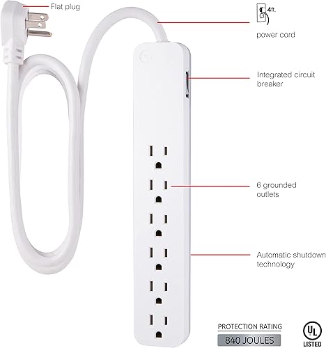 Miniatura 2 de GE Protector SurGE de 6 tomas, cable de extensión de 4 pies, 840 julios, enchufe plano, disyuntor integrado, montaje en pared, certificación UL,