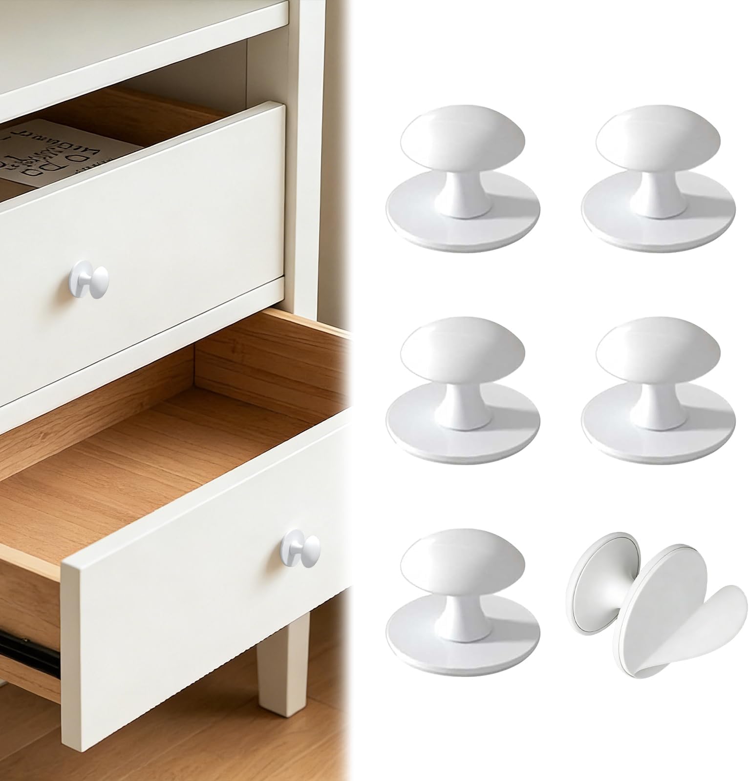 Pack of 6 Punch-Free Drawer Knobs, Self-Adhesive Knobs for Cupboards, Stainless Steel Self-Adhesive Cabinet Knobs, No Drilling Required, for Drawers, Glass Doors, Furniture, 37 mm Round, White