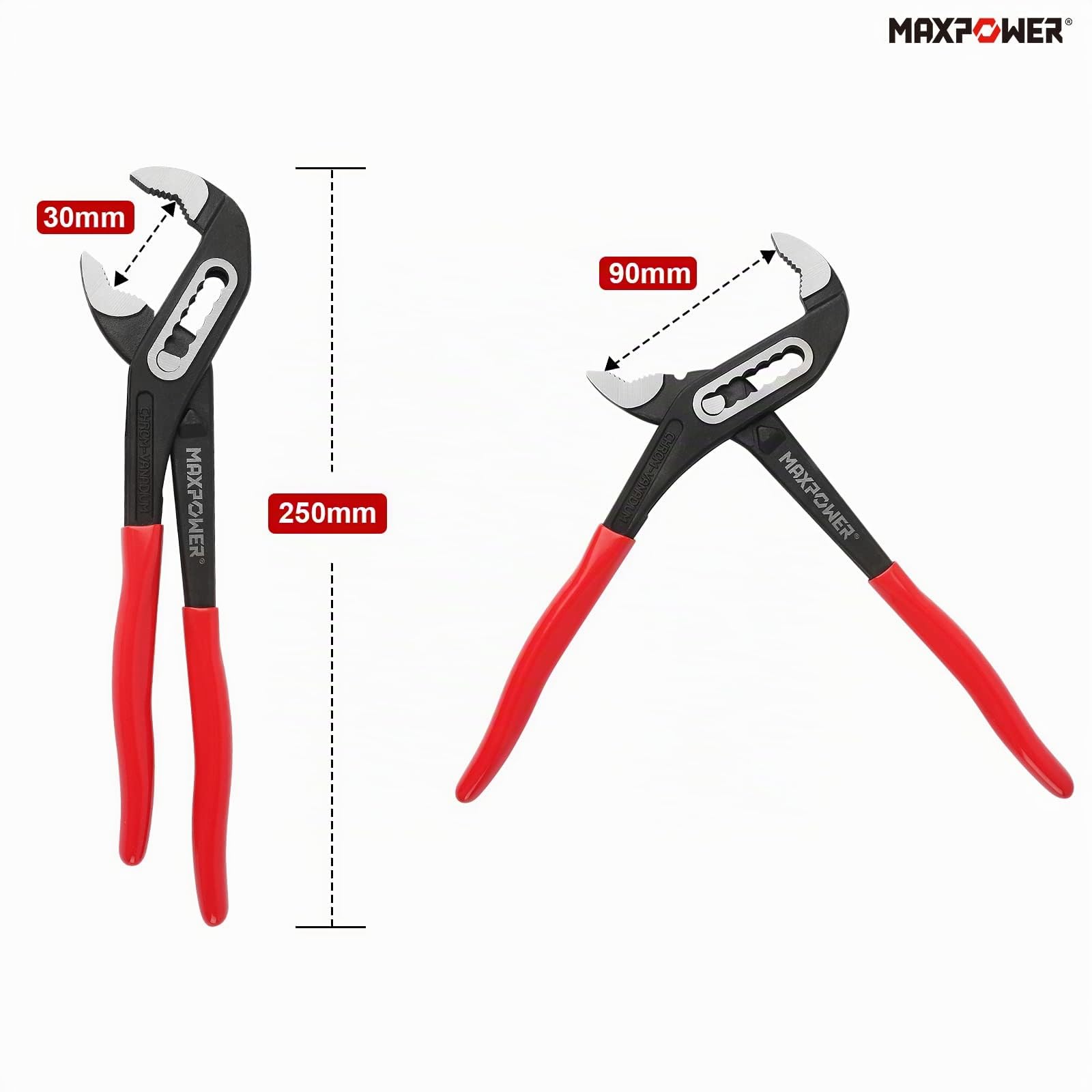 MAXPOWER Pince Multiprise Réglable 250mm – Ouverture 90mm, Acier Cr-V, Antidérapante, Pince Plombier Professionnelle pour Tuyaux & Écrous
