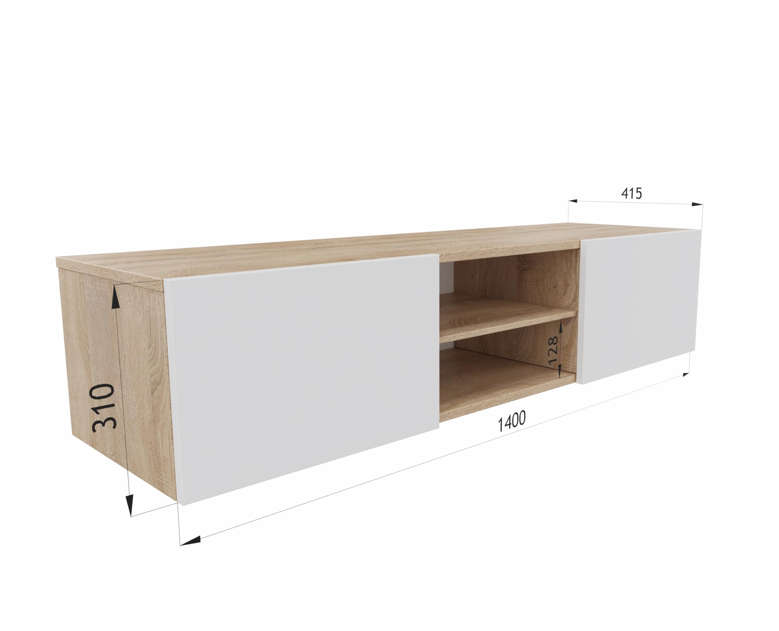 PLATAN ROOM TV Lowboard/Sideboard 140 cm breit Hängeschrank Fernsehschrank TV Kommode mit 2 Türen und offenem Fach in 5 Farbvarianten (Sonoma Eiche/Weiß Matt, 140 cm breit)