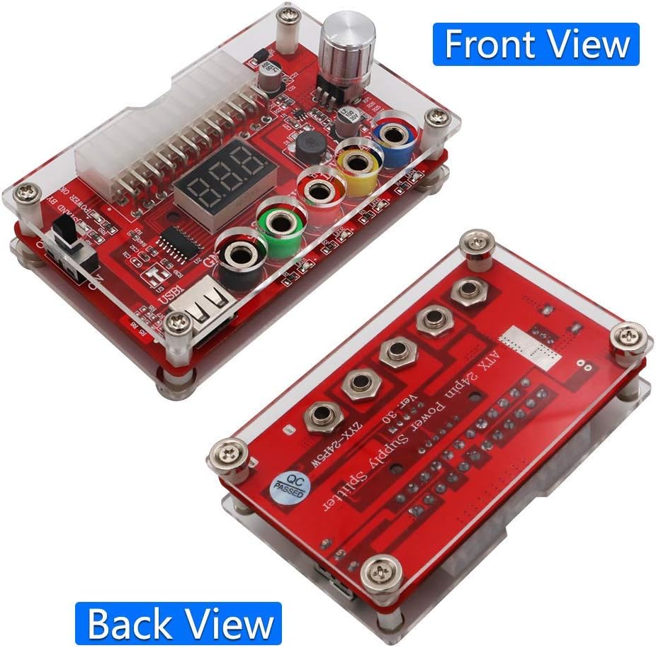 ATX Power Supply Breakout Board and Acrylic Case Kit with ADJ Adjustable Voltage Knob, Supports 3.3V, 5V, 12V and 1.8V-10.8V (ADJ) Output Voltage, 3A Maximum Output, Reset Protection