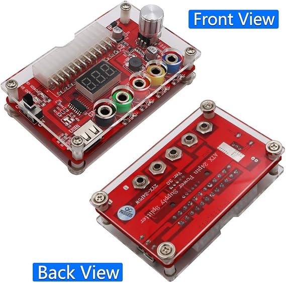 ATX Power Supply Breakout Board and Acrylic Case Kit with ADJ Adjustable Voltage Knob, Supports 3.3V, 5V, 12V and 1.8V-10.8V (ADJ) Output Voltage, 3A Maximum Output, Reset Protection