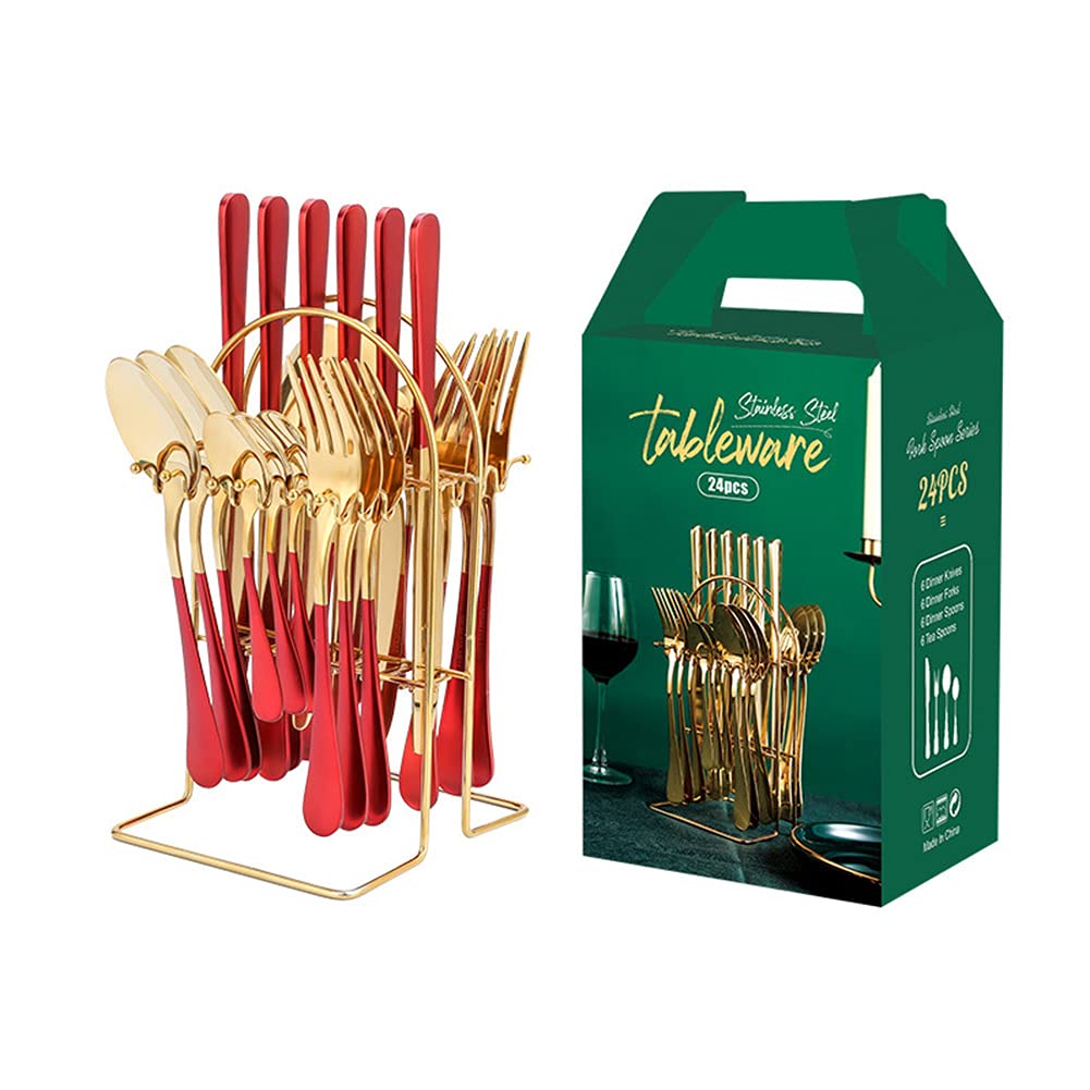 Ensemble De Dîner en Acier Inoxydable, Jeu De Cuillère À Fourche De Couteau Idéal pour Camping/Fête, Coussinet/Argentware/Accueil - Service pour 6,Red Gold