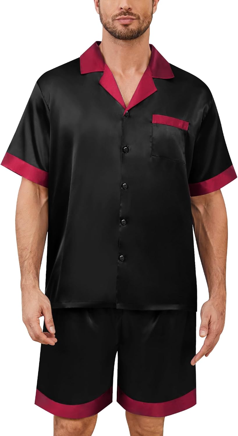 SWOMOG Mens Satin Pajamas Set Silk Pj Sets Short Sleeve Button Down 2 PCS Sleepwear with Drawstring & Pockets S-3XL - Image 2