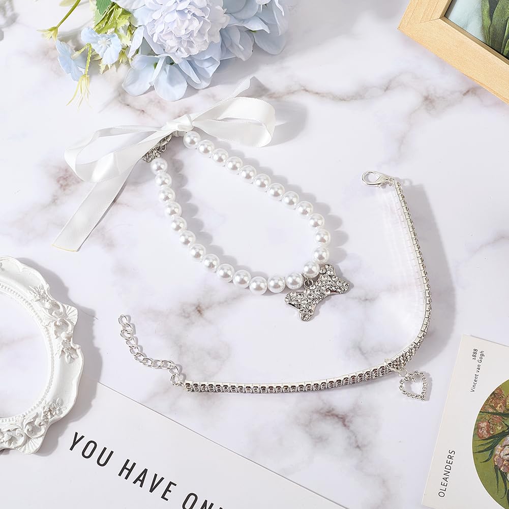 CREATCABIN 2 pz 2 Stili Collana per CaniStrass Bling Collana per Animali Domestici Regolabile Fiocco Bianco Perle Finte Fiocco Cani Osso Cuore Ciondolo Collari per Gatti Cucciolo Festa 28cm; 25.8cm