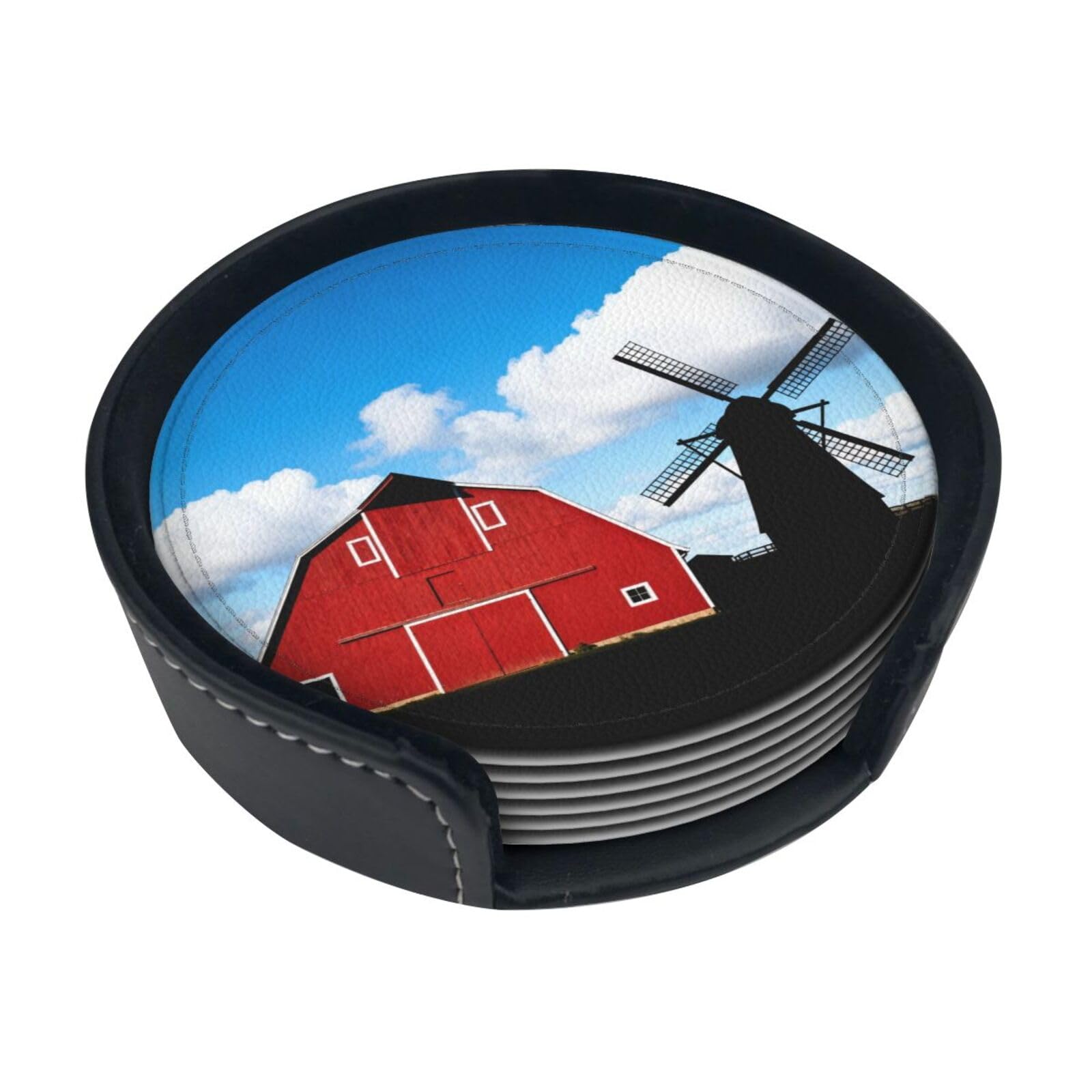 Cntdbu White Barn Windmill Farm Leather Coasters Set Of 6-Pu Leather Drink Mats For Table, Heat Resistant Round Coasters With Holder