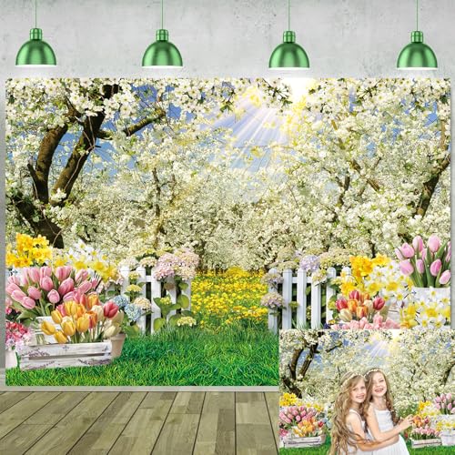 Spring Backdrop White Flowers Forest Tree Spring Garden Natural Scenery Easter Photography Background Kids Baby Shower Wedding Birthday Party Decorations Banner Photo Props (7x5FT)
