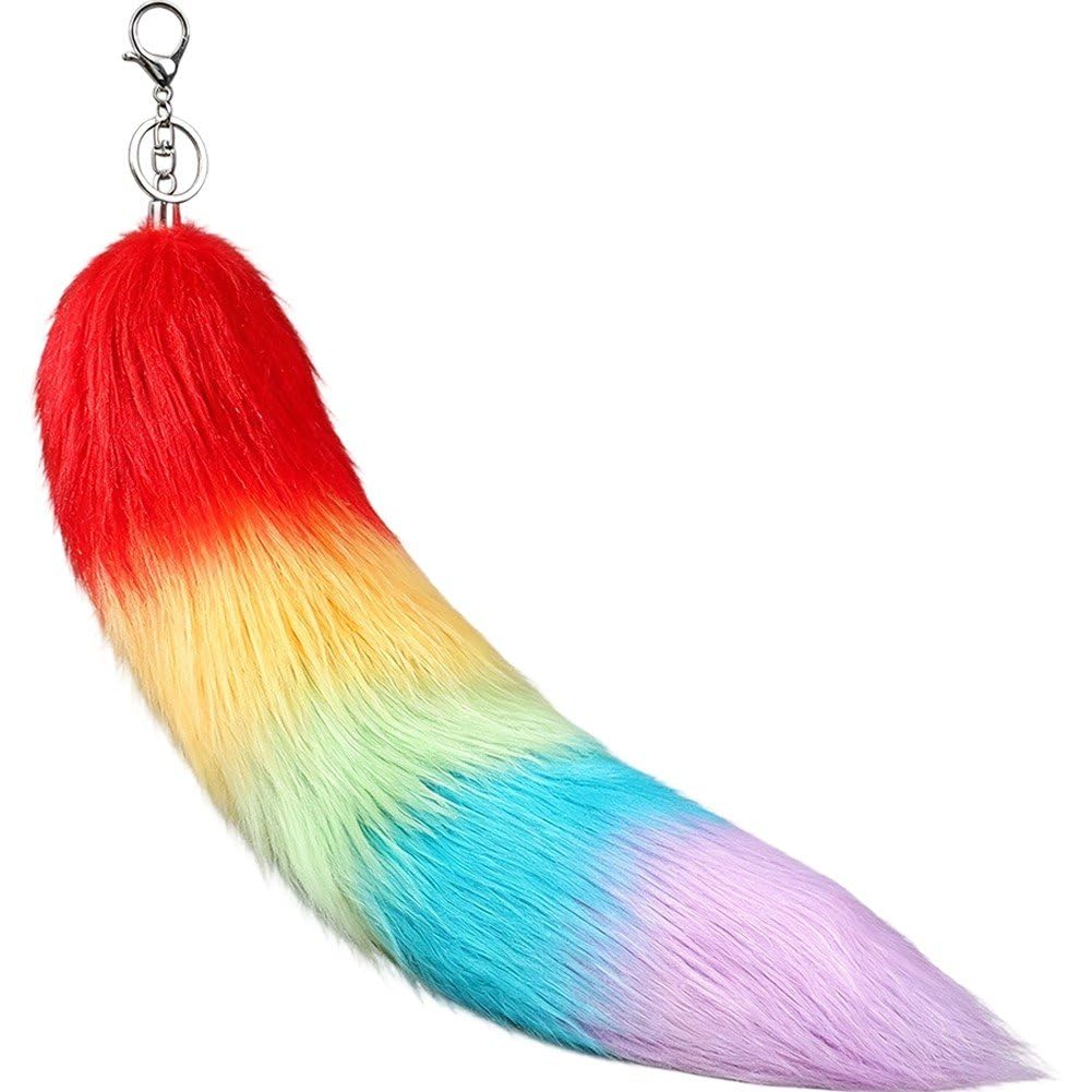 Casiler Fluffy Rainbow Tail Keychain, Unisex Furry Pendant Charm for Gay Pride Backpack Handbag Daily Hanging Decor