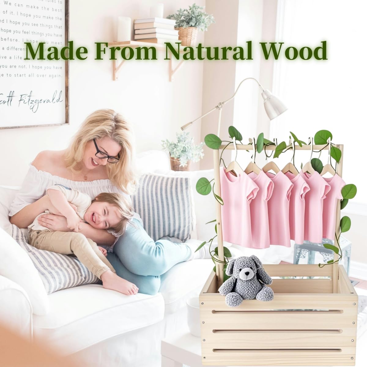 Mounting UP Wooden Baby Hamper Basket Crate Baby Shower Gifts Box Closet Storage With Handle & Clothes Rail & Eucalyptus Leaves Welcome Gift For Newborn Boys Girls Easy Assembly Natural Wood - Image 2
