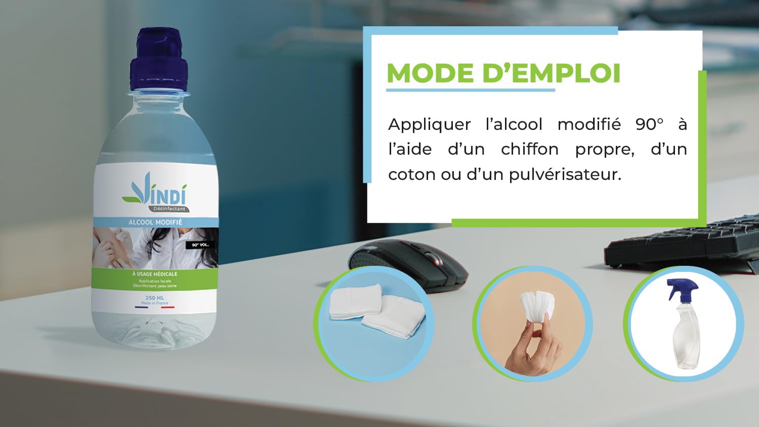 Vindi Désinfectant Alcool modifié 90°- lot de 5 Flacons de 250ml - Fabrication Française - Désinfection peau saine et ustensiles médicaux