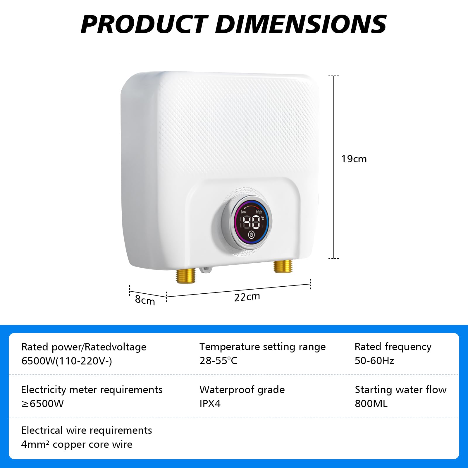 Chauffe-eau électriques 220V 6500W, Chauffe-eau électrique sans réservoir, Petit chauffe-eau instantané électrique économie d'eau Avec écran numérique, Pour cuisine, salle de bain, lavage