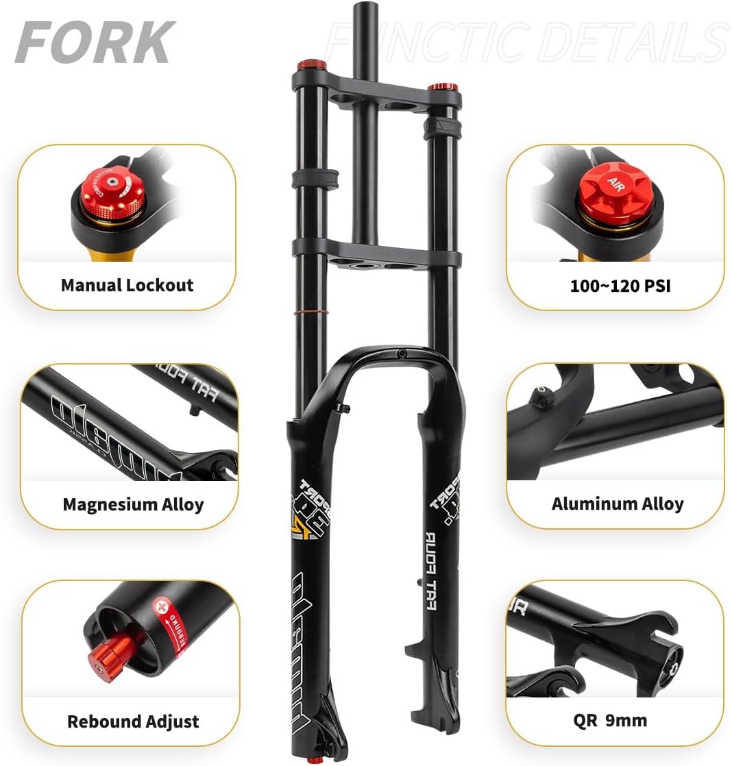 26 Inch Fat Bike Fork 4.0 Tire Disc Brake 160mm Travel E-Bike Air Suspension Fork 9 * 135mm QR 1-1/8" Straight Downhill Mountain Bike Front Fork Rebound Adjust Manual Lockout(Black)