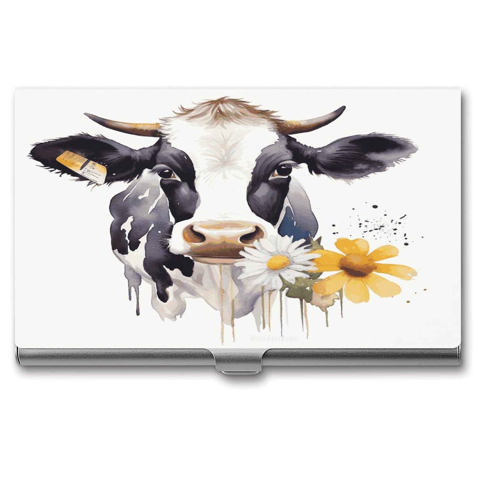LDGSUPH Watercolor Cow And Daisy Flower Business Card Holder Fashion Slim Name Card Holder Minimalist Design Case Metal Card Carrier Personalized Business Card Case with Flip for Men Women