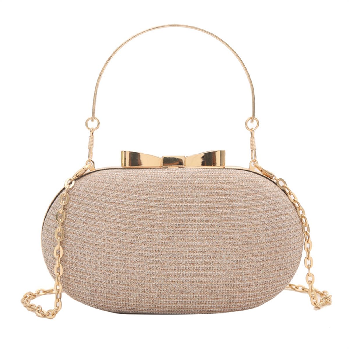 Women’s Black Glitter Clutch Bag | Oval Hard Case Evening Purse with Gold Chain & Bow | Stylish Party & Wedding Handbag for Girls & Women-image-34
