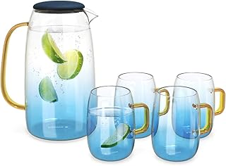 Navaris Caraffa Acqua 1,55l con 4X Bicchieri 300ml - Set Brocca Termica in Vetro Borosilicato - Coperchio in Silicone - Bibite Calde e Fredde - Blu