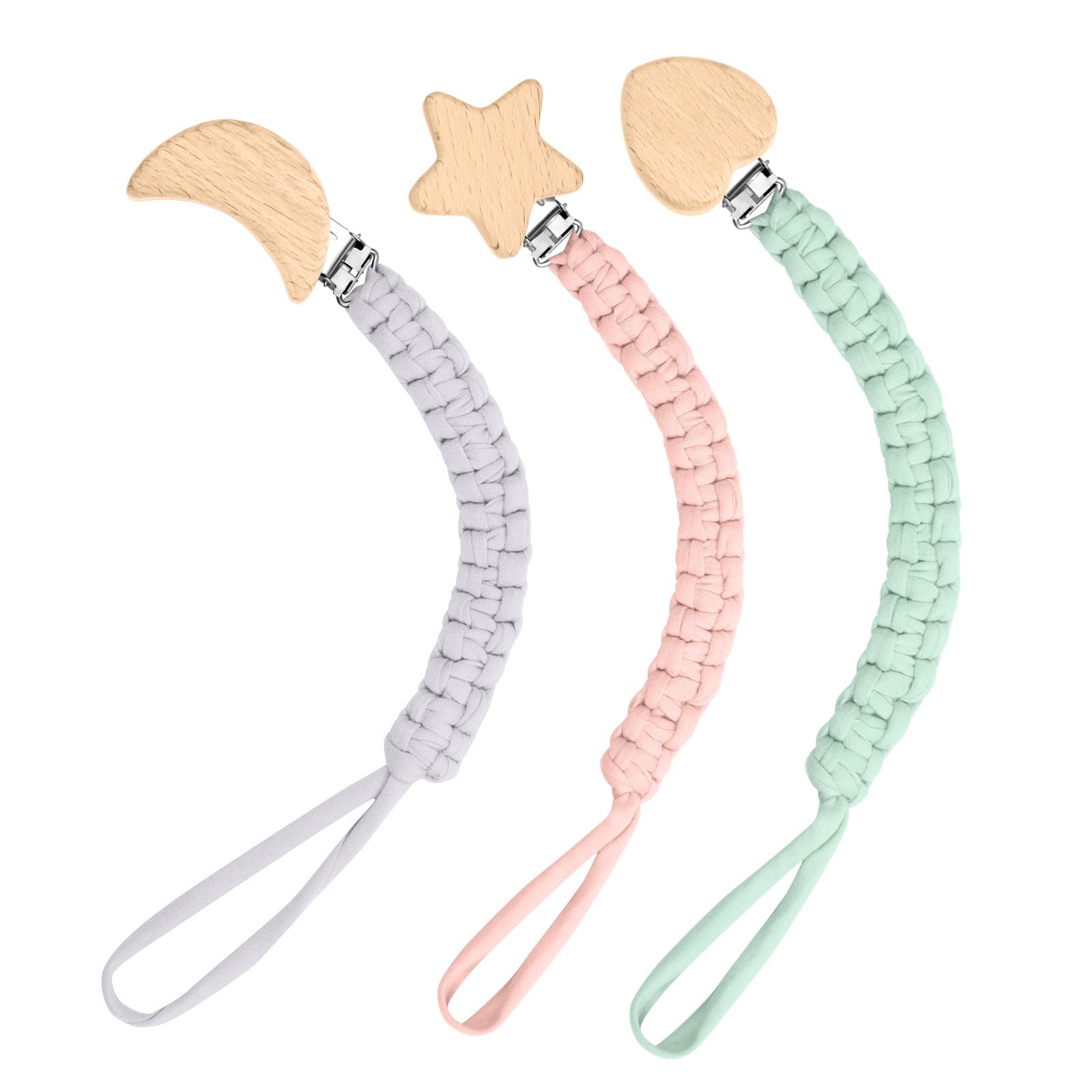 Vicloon Dummy Clips, 3 Pack Wooden Dummy Clips, Soother Pacifier Chain BPA Free Dummy Chain for Teether Toy or Soothie