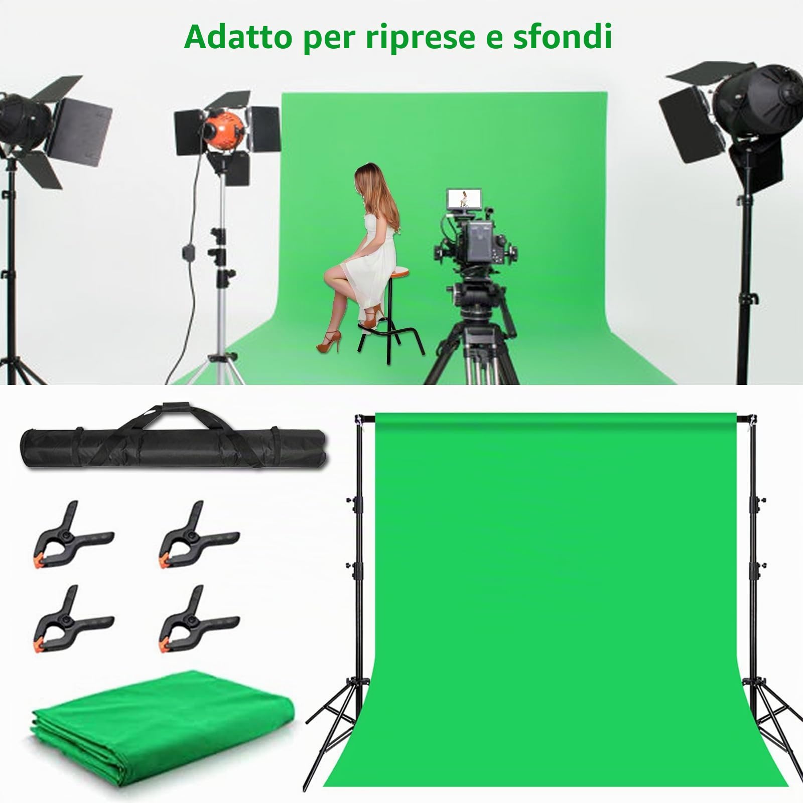 Green Screen con Supporto, Portatile Green Screen 3 x 3 m con Supporto per Sfondo Regolabile da 2,6 x 3 m e 4 Morsetti per Sfondo per Scattare Foto Streaming di Video di Gioco