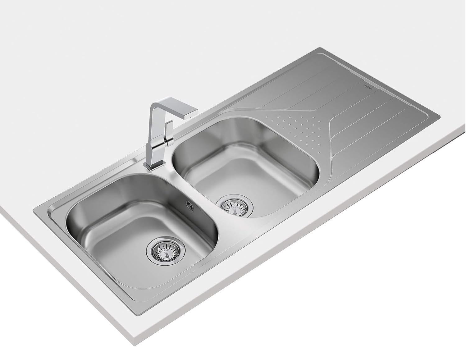 Teka Universe Reversible Built-in Sink installed in a countertop, with the draining board on the right side and a faucet between the two basins.
