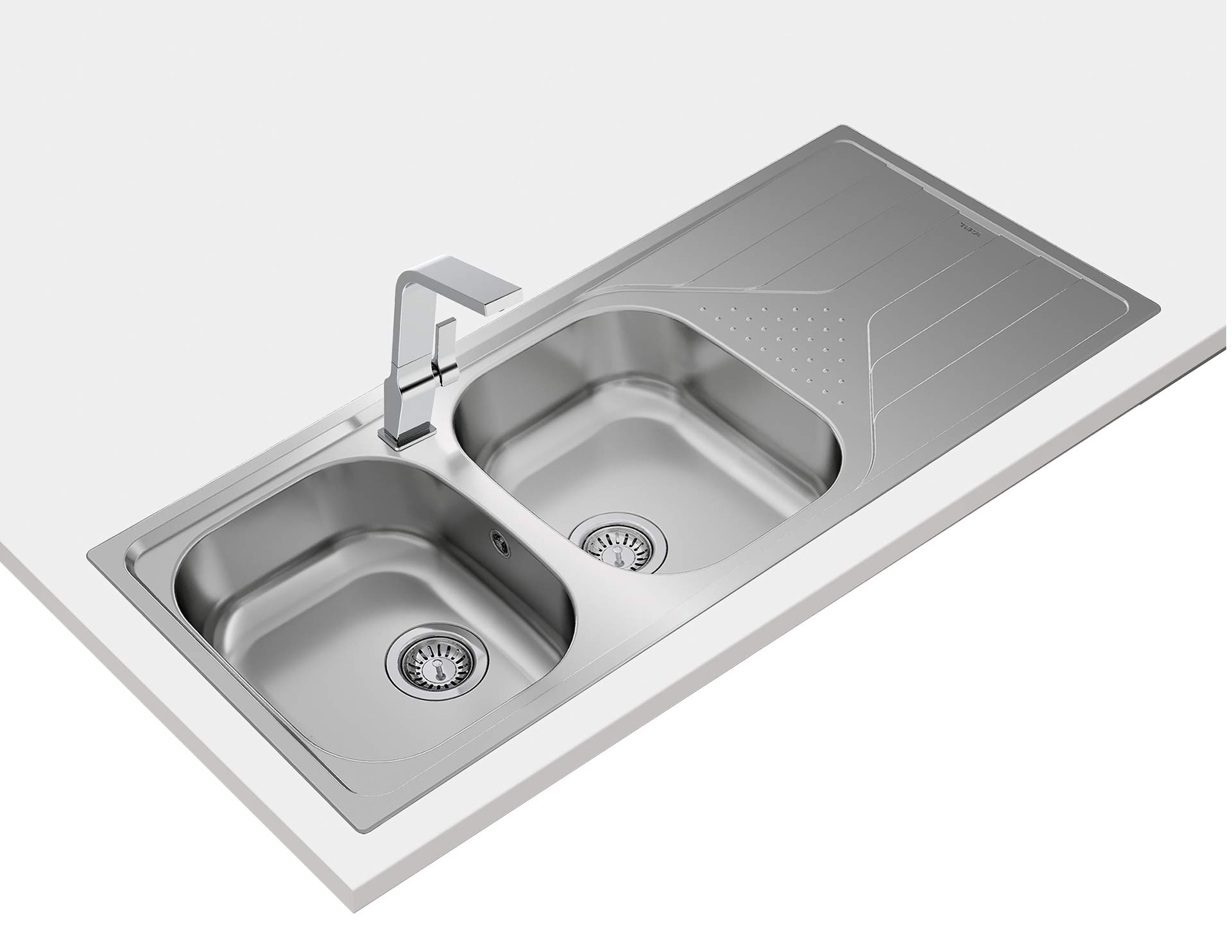 TEKA Fregadero Encastrado 2 Cubetas Acero Inoxidable con Escurridor, Reversible, Profundidad 170mm, Mueble 80cm, Grosor 0.7mm, Universe 80 T-XP 2C 1E