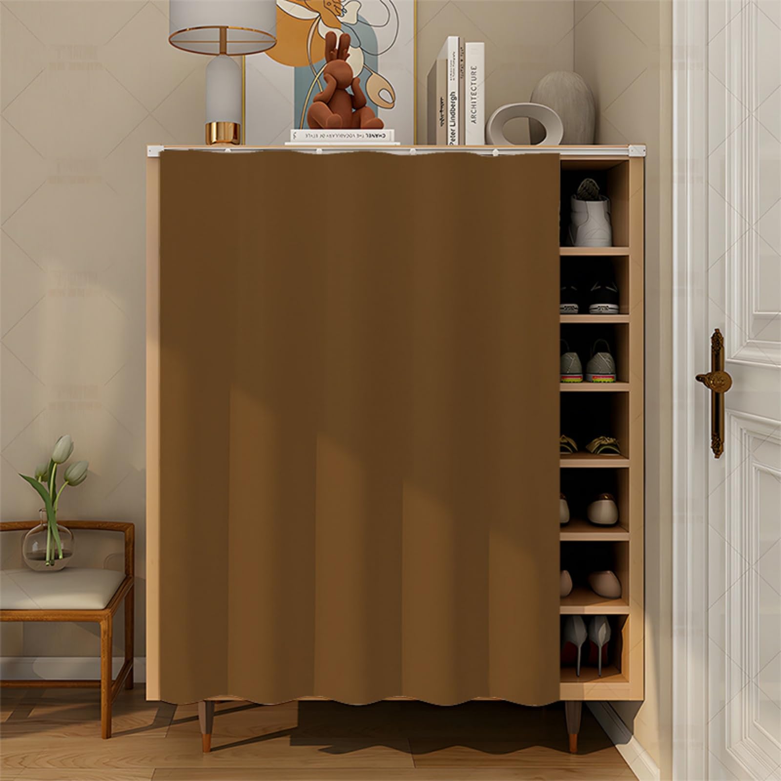 Fasbuy Cupboard Short Curtains Kitchen with Hook and Loop, Hide Away Small Curtains for Kitchen Cupboard Door - No Drilling Is Required for Under Sink, Bookcase, Bathroom (Brown,H120x100cm)