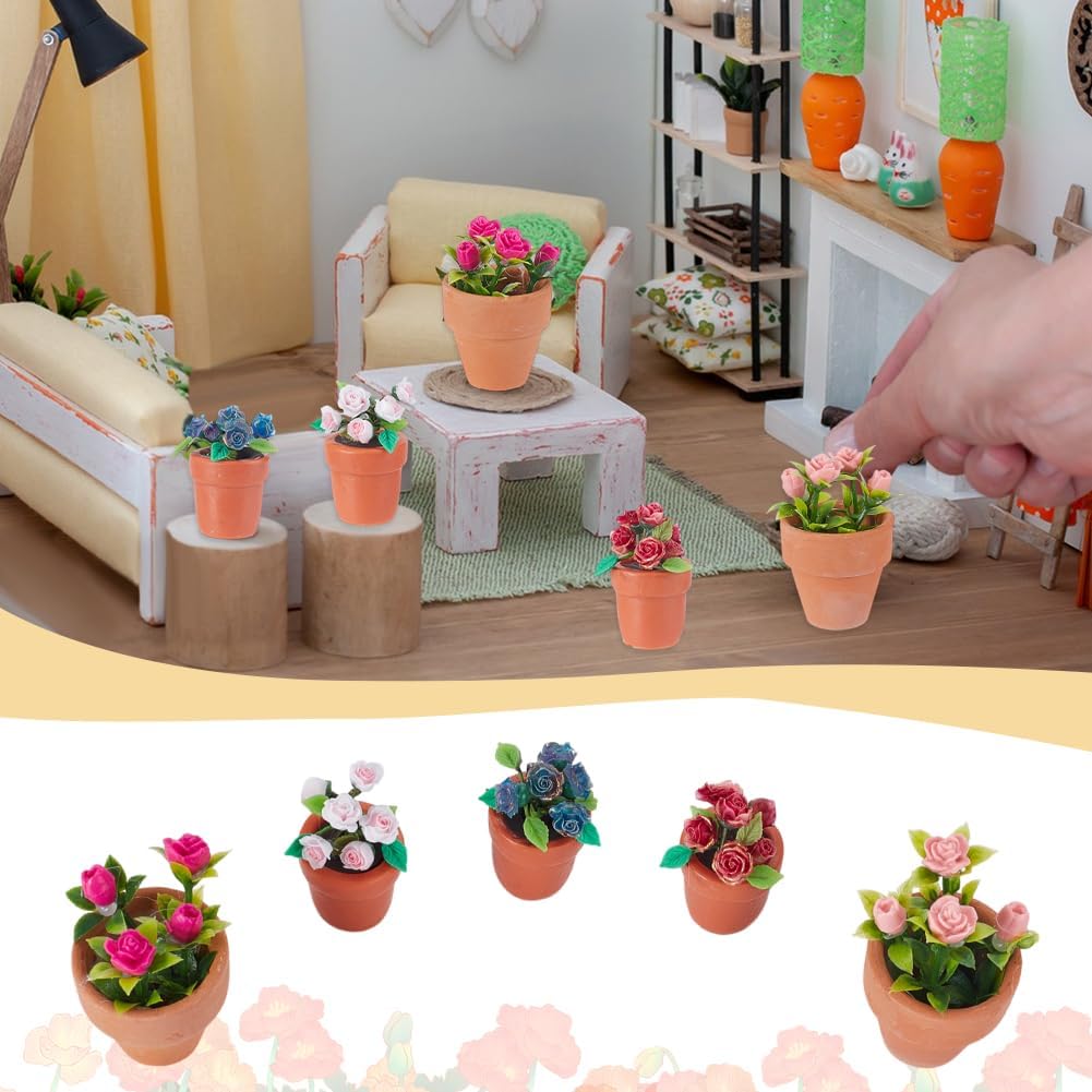AHANDMAKER 5Pcs 5 Styles Miniature Plants Accessories 1:12 Mini Rose Pot, Garden Potted Model Micro Landscape Decoration for Mini House Tiny Fake Greenery Bonsai Ornament Crafts image 5