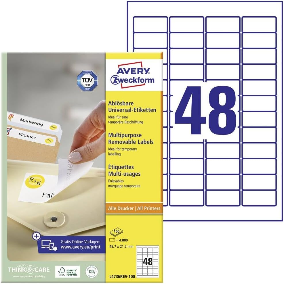 Avery Zweckform Multi-Purpose Removable Labels for All A4 Printers, 45.7 x 21.2 mm weiß (wiederablösbar)