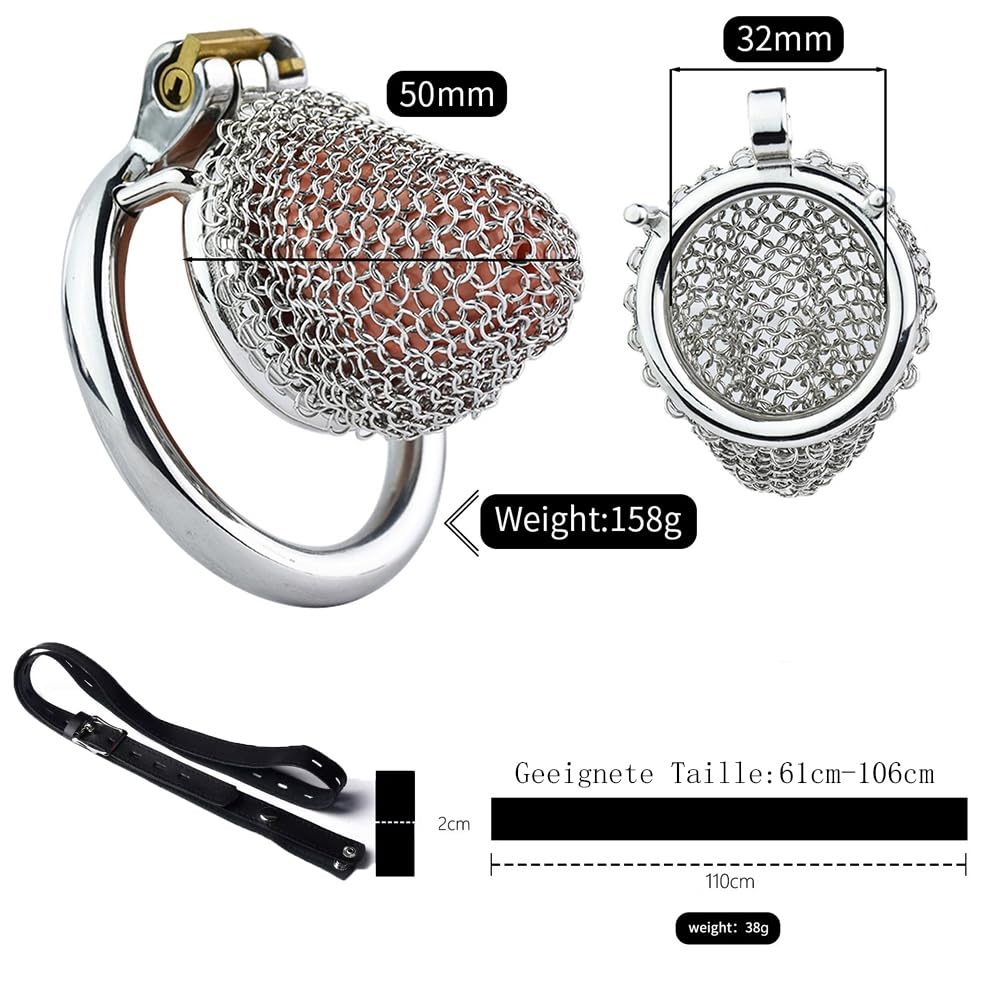 2023 Neu Mesh Atmungsaktiver Peniskäfig 5 Größen Mann Keuschheitskäfig Keuschheitsgürtel SM Bondage Cockringe mit Gürtel, Tragbar Cock Cage Fetisch Sexspielzeug für Männer (Gebogen/40mm, M)