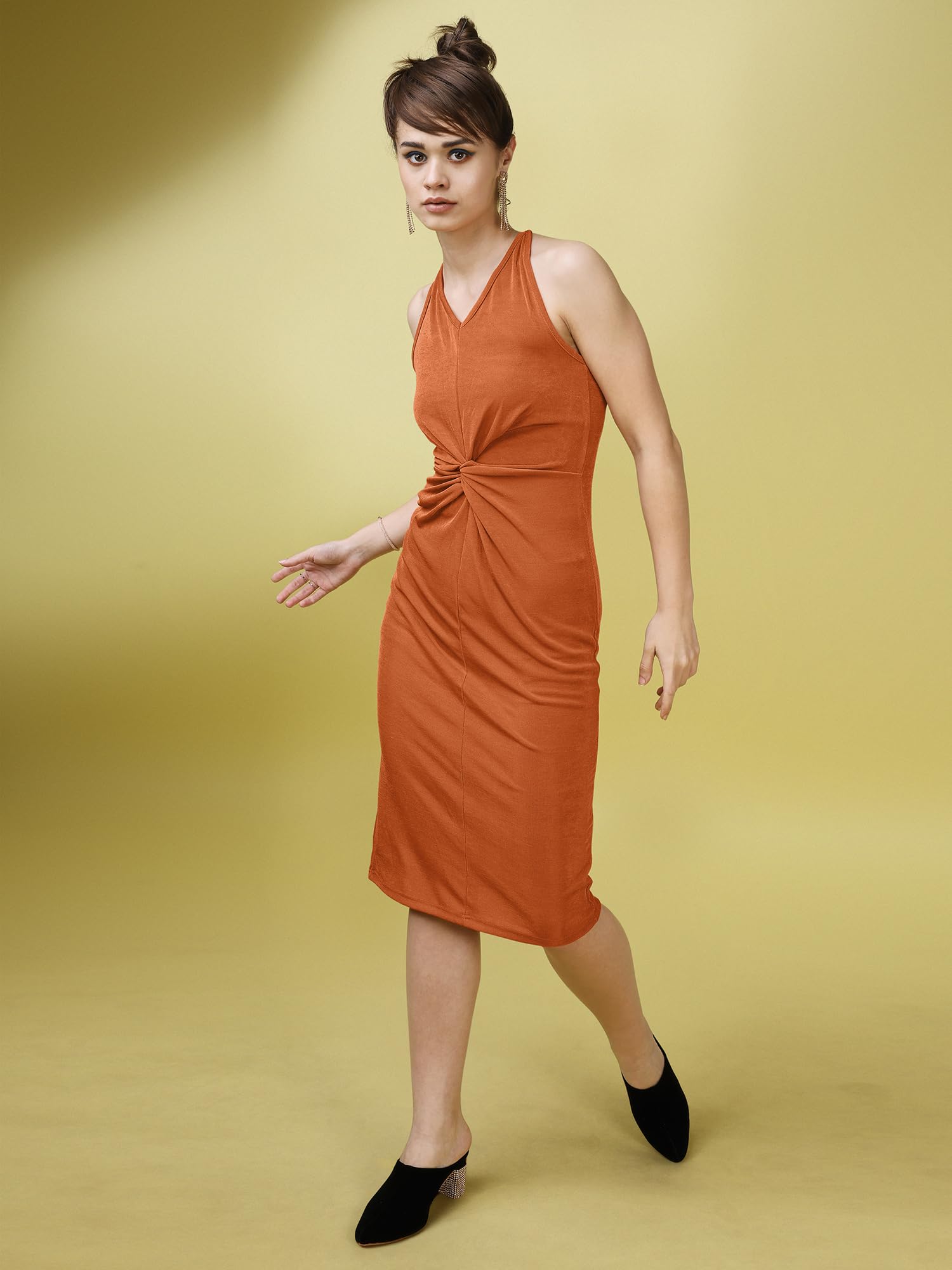 Purvaja Womens Bodycon Below Knee Length Dress (Shine-065-Carrot_Orange_X-Large)