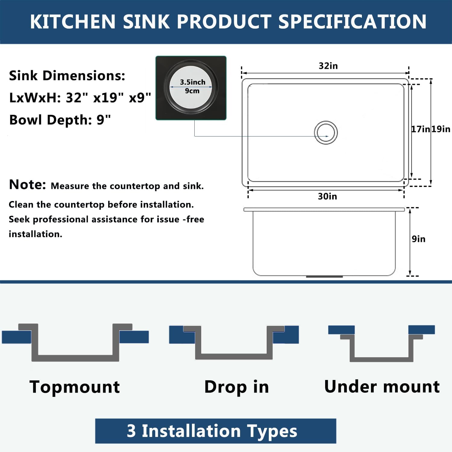 32 x 19 Inch Undermount Bar Kitchen Sink 304 Stainless Steel Deep Single Bowl Workstation Sink Modern Under Counter Handmade Round Corner Basin with Dish Grid & Drain