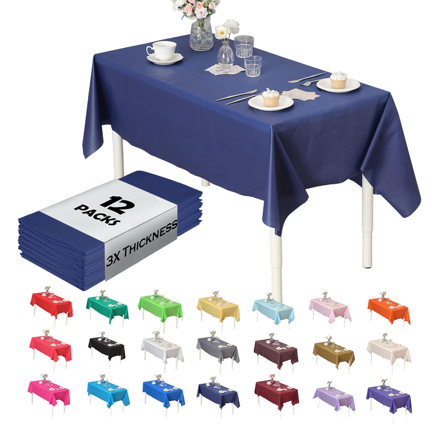 Evershine (12-Pack Heavy Duty Plastic Table Covers Tablecloth (Reusable) (Rectangle 54" X 108", Navy Blue)