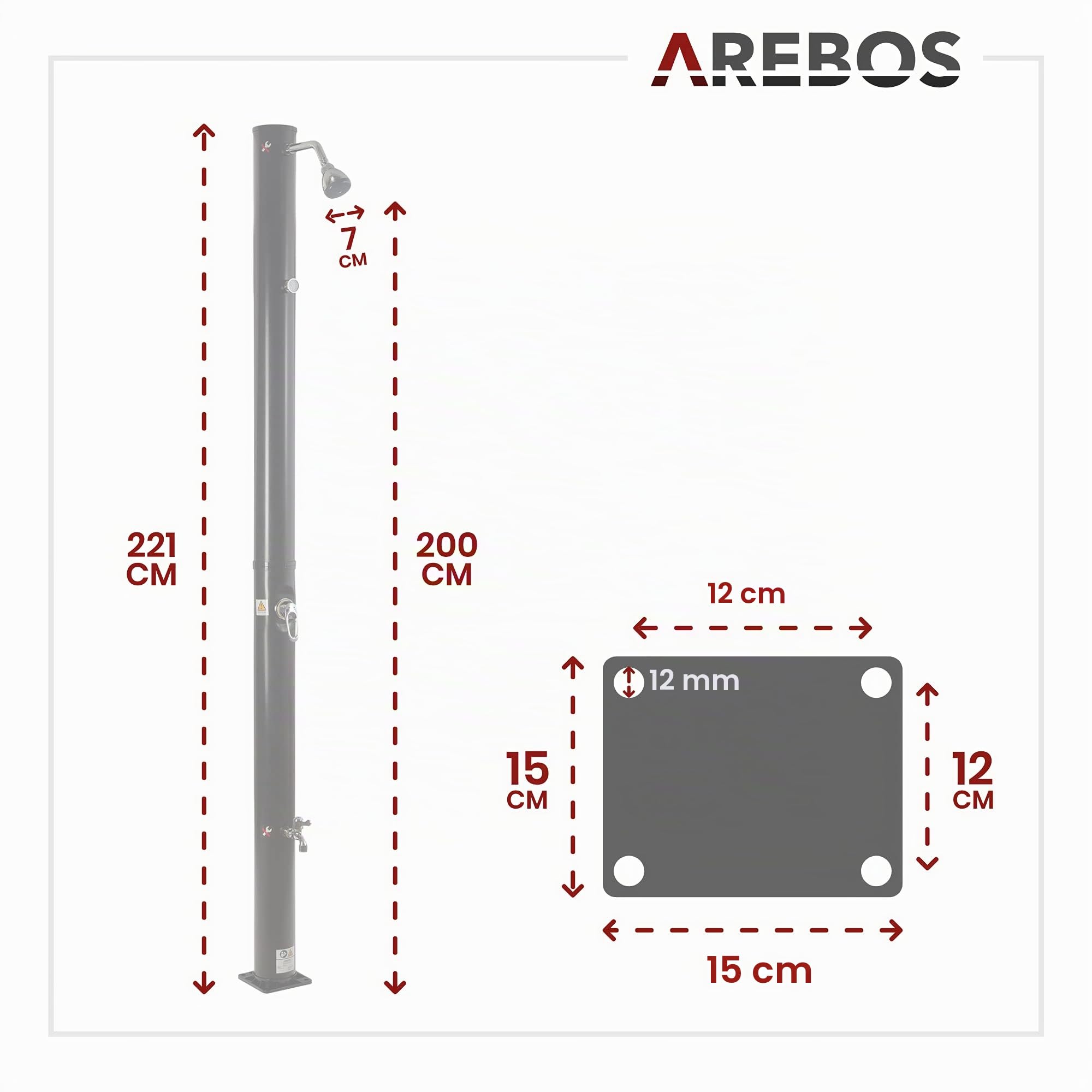 AREBOS Douche Solaire| 20 litres | 221cm | avec thermomètre intégré | pommeau de Douche Rond | avec Douche de Pied | Douche de Jardin avec raccord pour Tuyau d'arrosage | Technologie Snap-in Noir